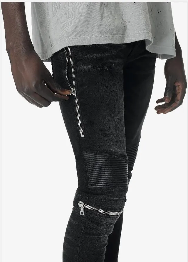 Amiri Motorcycle Black Gray Distressed Denim Paneling Jeans 15