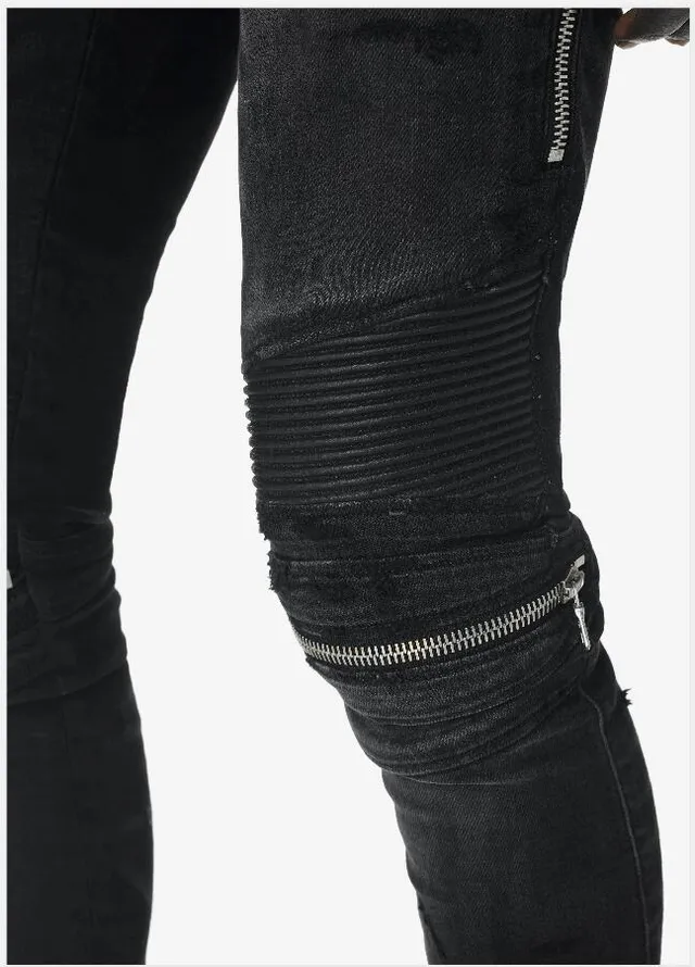 Amiri Motorcycle Black Gray Distressed Denim Paneling Jeans 16