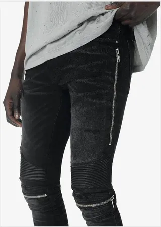 Amiri Motorcycle Black Gray Distressed Denim Paneling Jeans 17