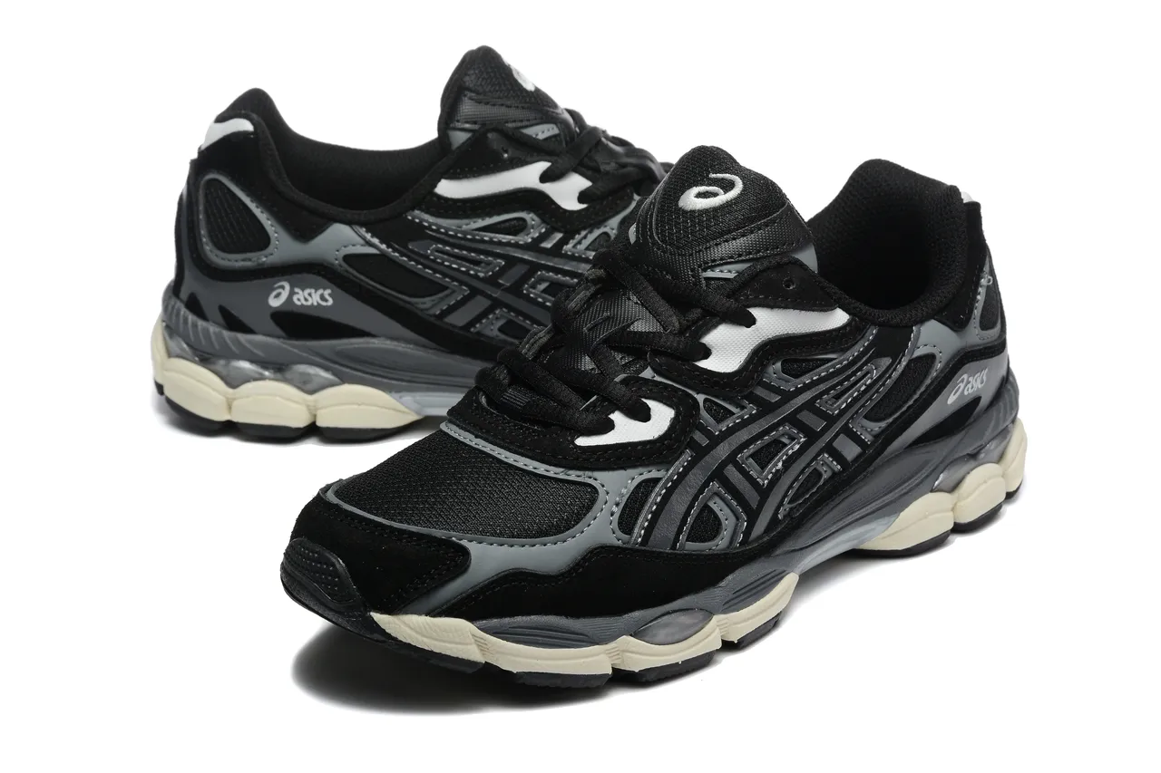 ASICS Noir Gris En couches Synthétique Cage Détail Géométrique Découpe Chaussures de course 3