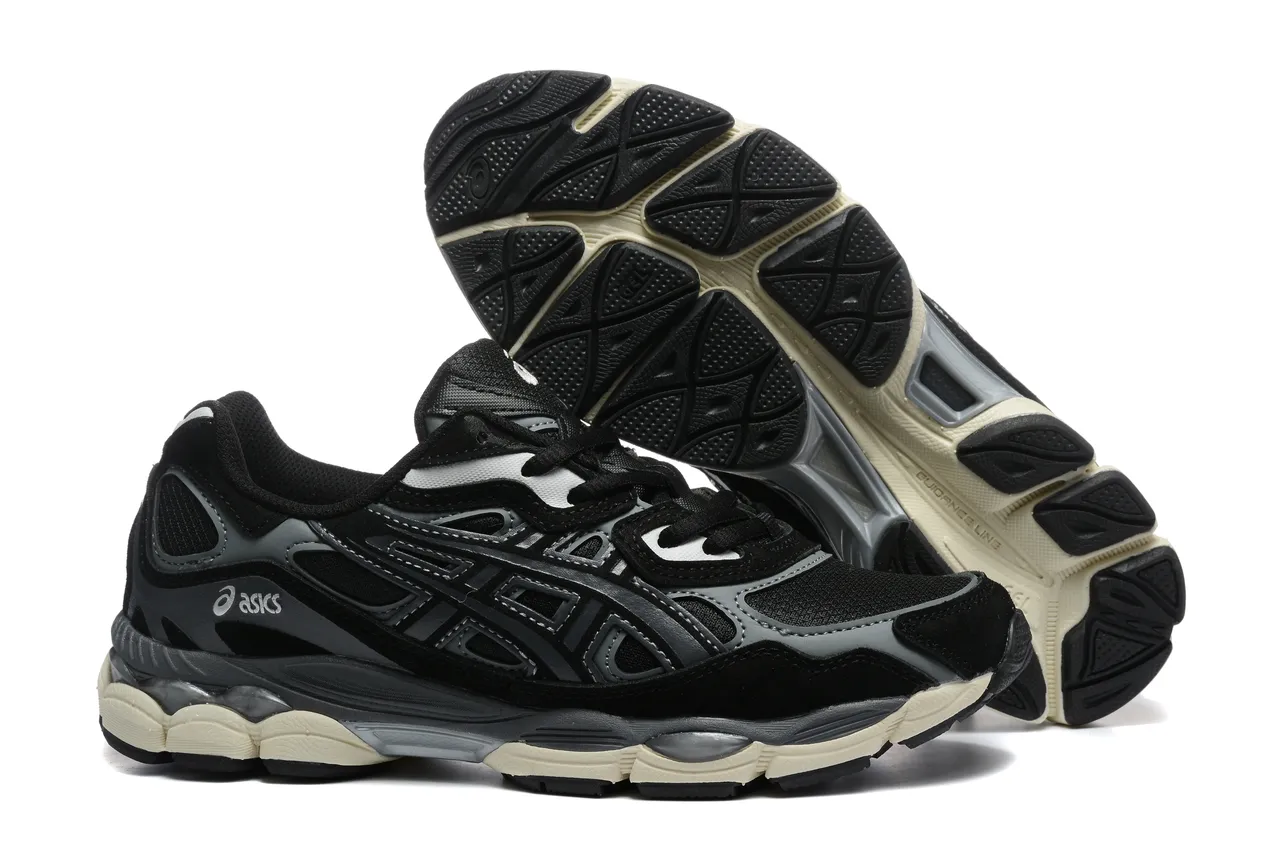 ASICS Noir Gris En couches Synthétique Cage Détail Géométrique Découpe Chaussures de course 4