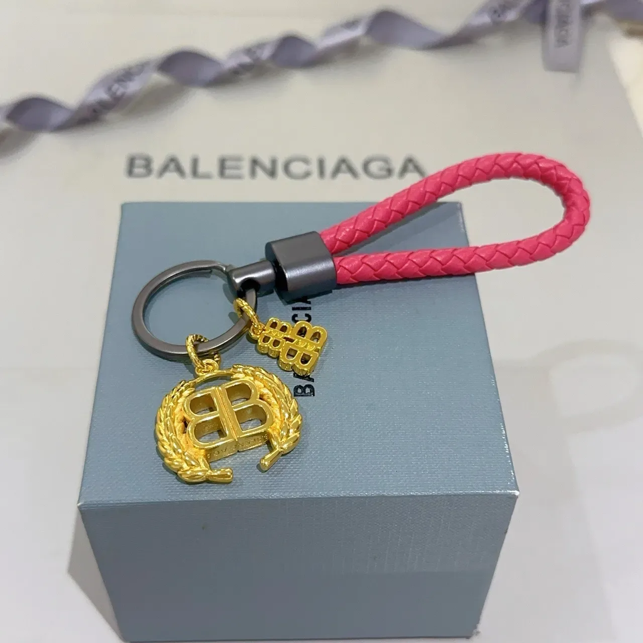 Balenciaga BB Doré Rose Courroie Tressée Charm Laurel Double B Bracelet 2