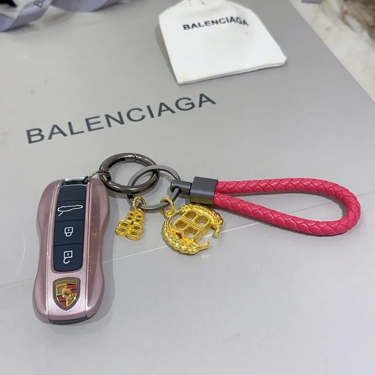 Balenciaga BB Doré Rose Courroie Tressée Charm Laurel Double B Bracelet 4