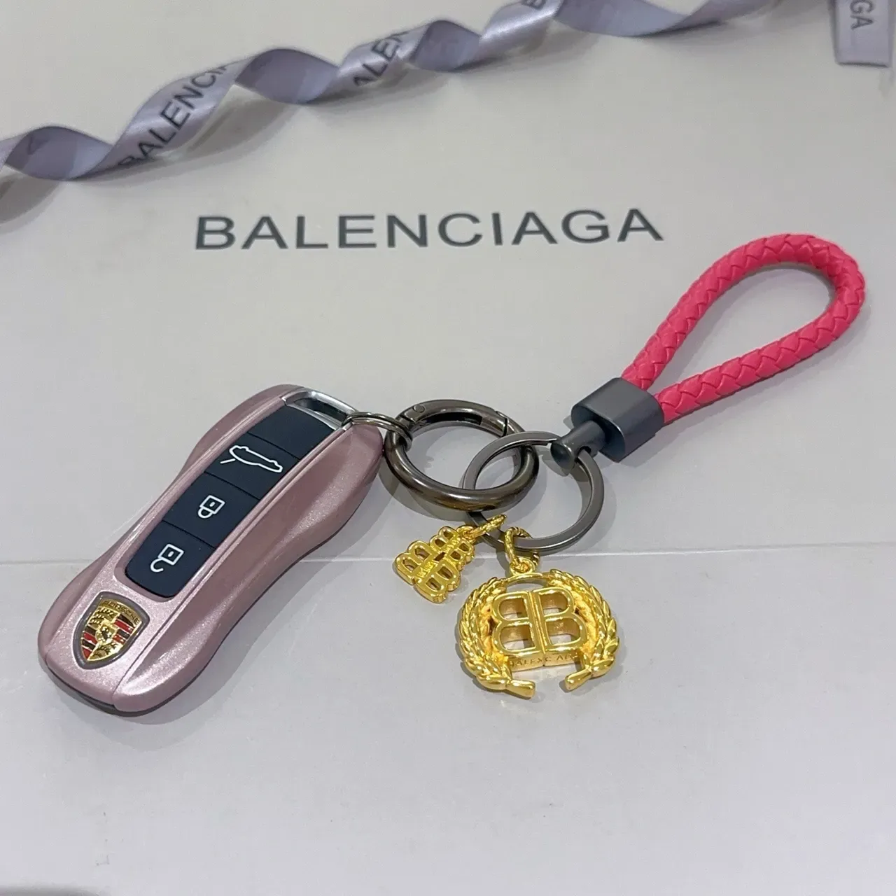 Balenciaga BB Doré Rose Courroie Tressée Charm Laurel Double B Bracelet 6