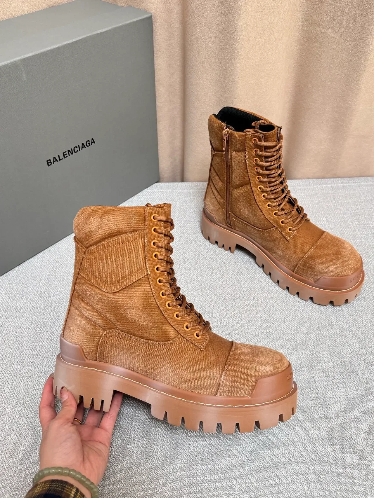 Balenciaga Brown Black Suede-Canvas Hybrid Upper Side Zipper Closure Work Boots 4