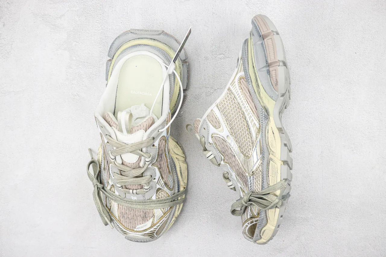 Balenciaga Defender Beige Gray كعب مصمم متعدد الطبقات شبكي وصناعي بناء طبقة حذاء رياضي سميك 3