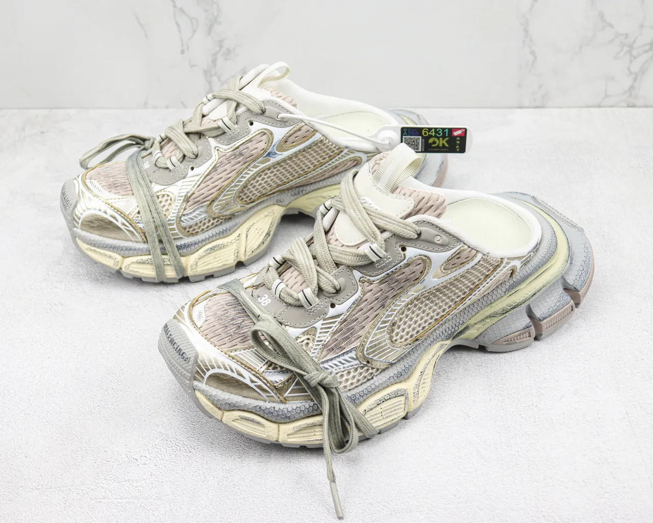 Balenciaga Defender Beige Gray كعب مصمم متعدد الطبقات شبكي وصناعي بناء طبقة حذاء رياضي سميك 4