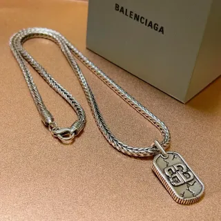 Balenciaga Dog Tag Necklace Silver Braided Chain Pendant Necklace