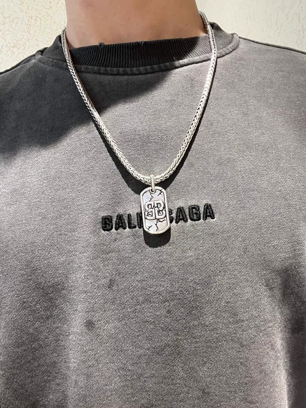 Balenciaga Dog Tag Collier Argent Chaîne Tressée 5