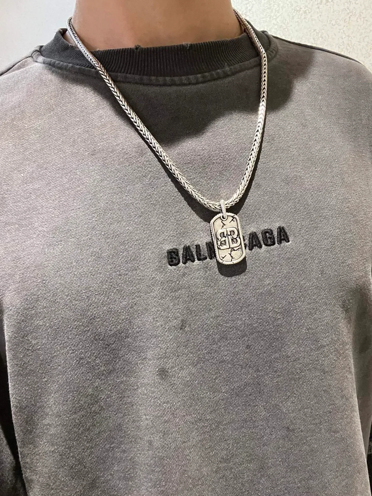 Balenciaga Dog Tag Collier Argent Chaîne Tressée 8
