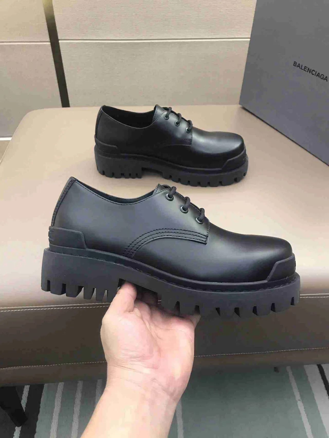 Balenciaga Oxford Preto Couro Liso Sola Grossa Lug Sole Oxford Shoes 7