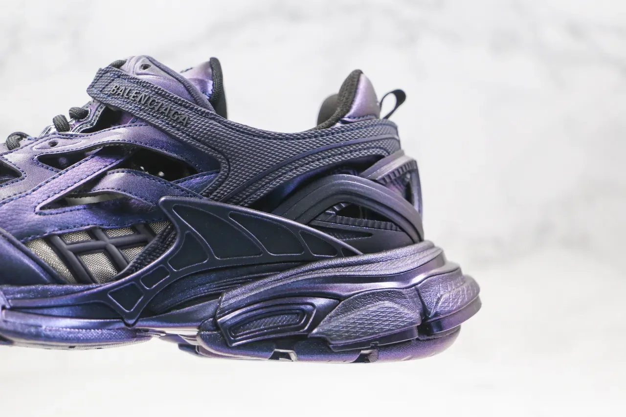 Balenciaga Tênis Chunky Roxo Preto Iridiscente Metálico Multi-Camadas Cage Overlay 6