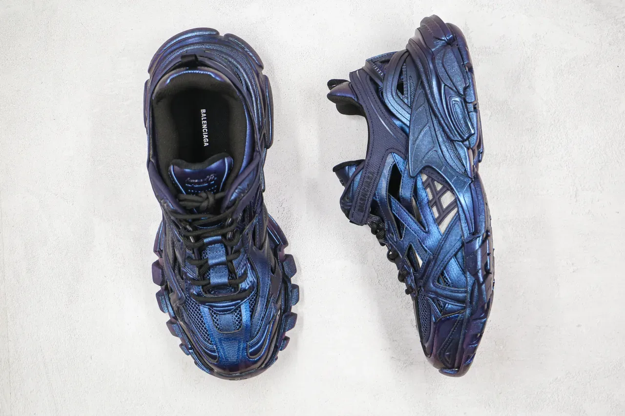 Balenciaga Tênis Chunky Roxo Preto Iridiscente Metálico Multi-Camadas Cage Overlay 8