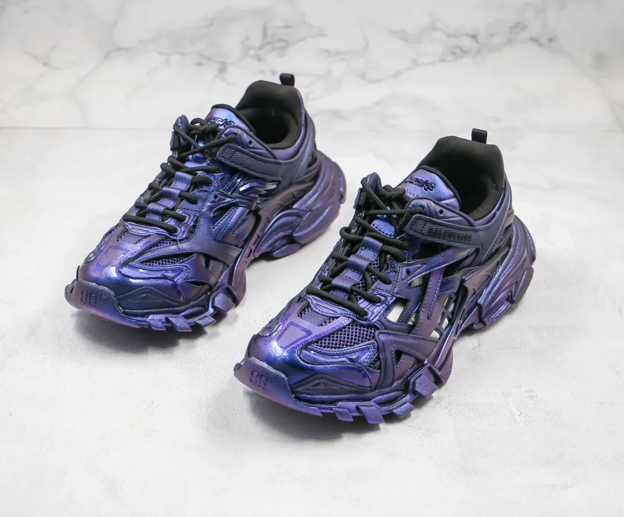 Balenciaga Tênis Chunky Roxo Preto Iridiscente Metálico Multi-Camadas Cage Overlay 9
