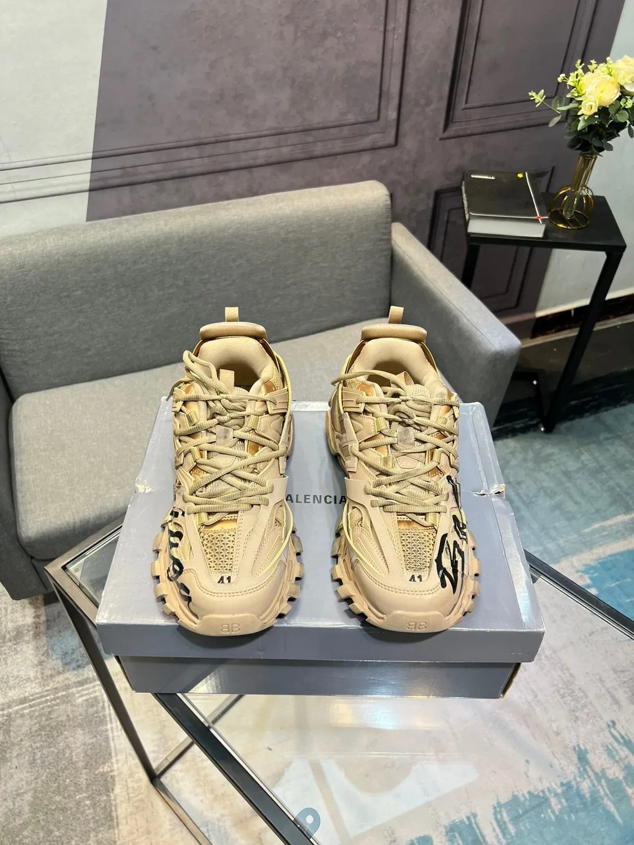 Balenciaga Runner Beige Cursive Logo Chunky Sneakers 2