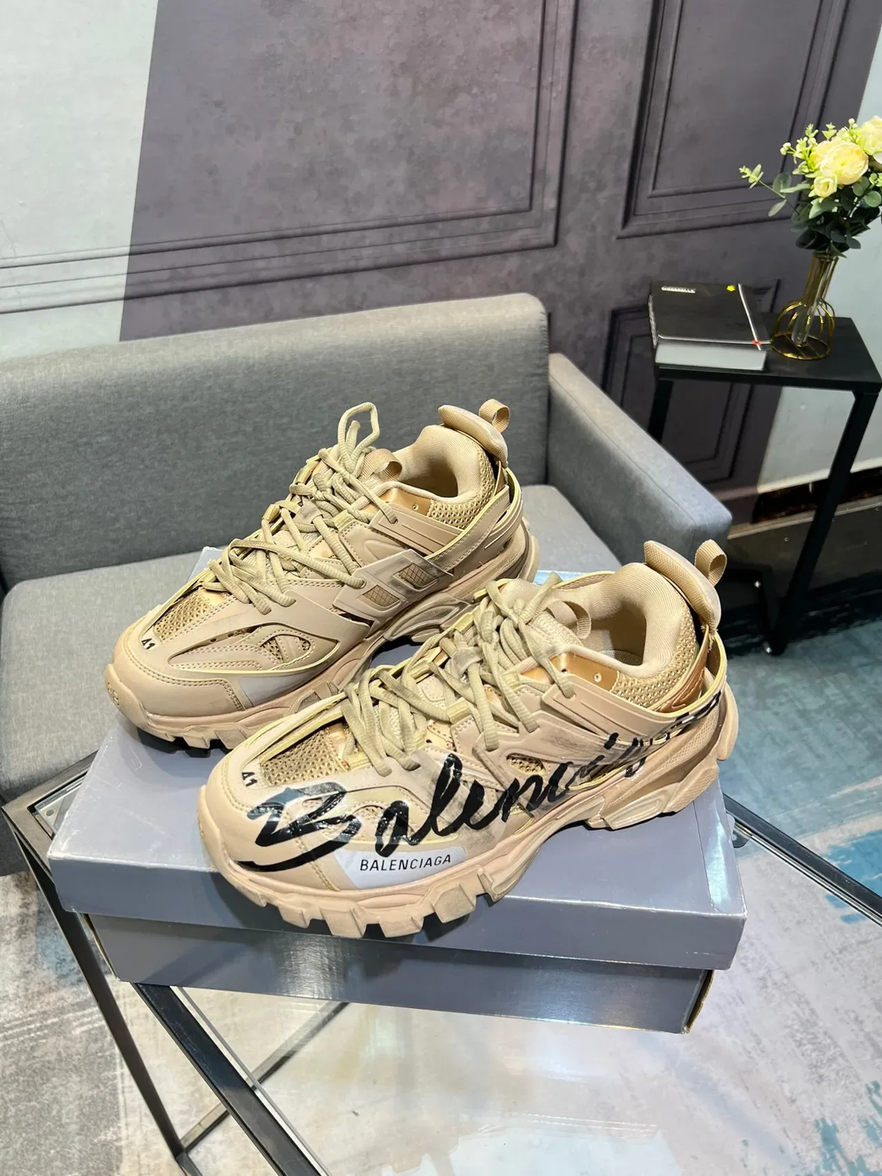 Balenciaga Runner Beige Cursive Logo Chunky Sneakers 3