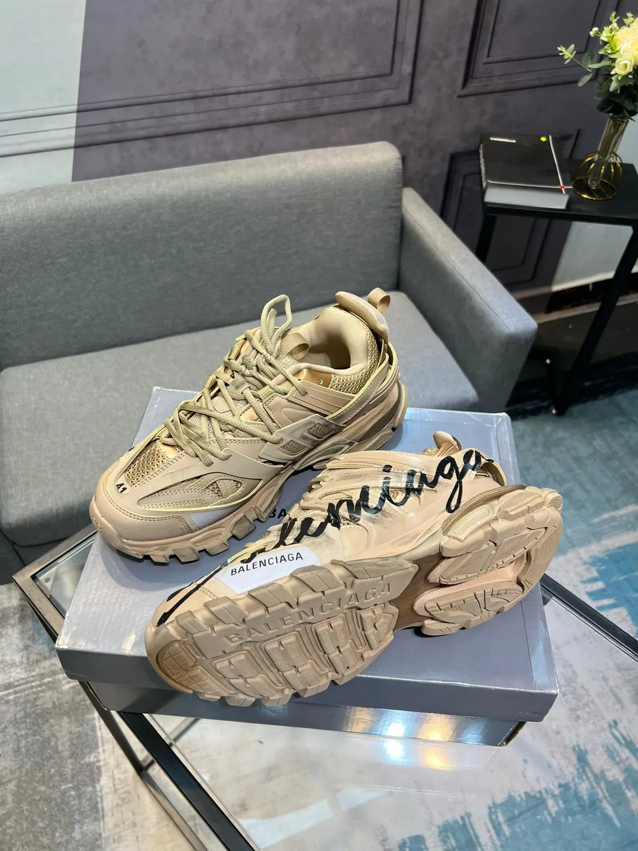 Balenciaga Runner Beige Cursive Logo Chunky Sneakers 4
