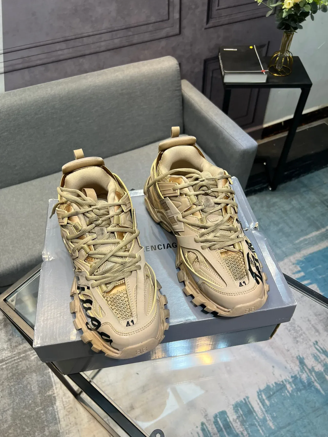 Balenciaga Runner Beige Cursive Logo Chunky Sneakers 5