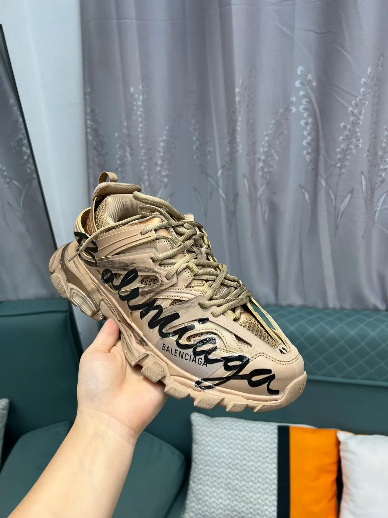 Balenciaga Runner Beige Cursive Logo Chunky Sneakers 6