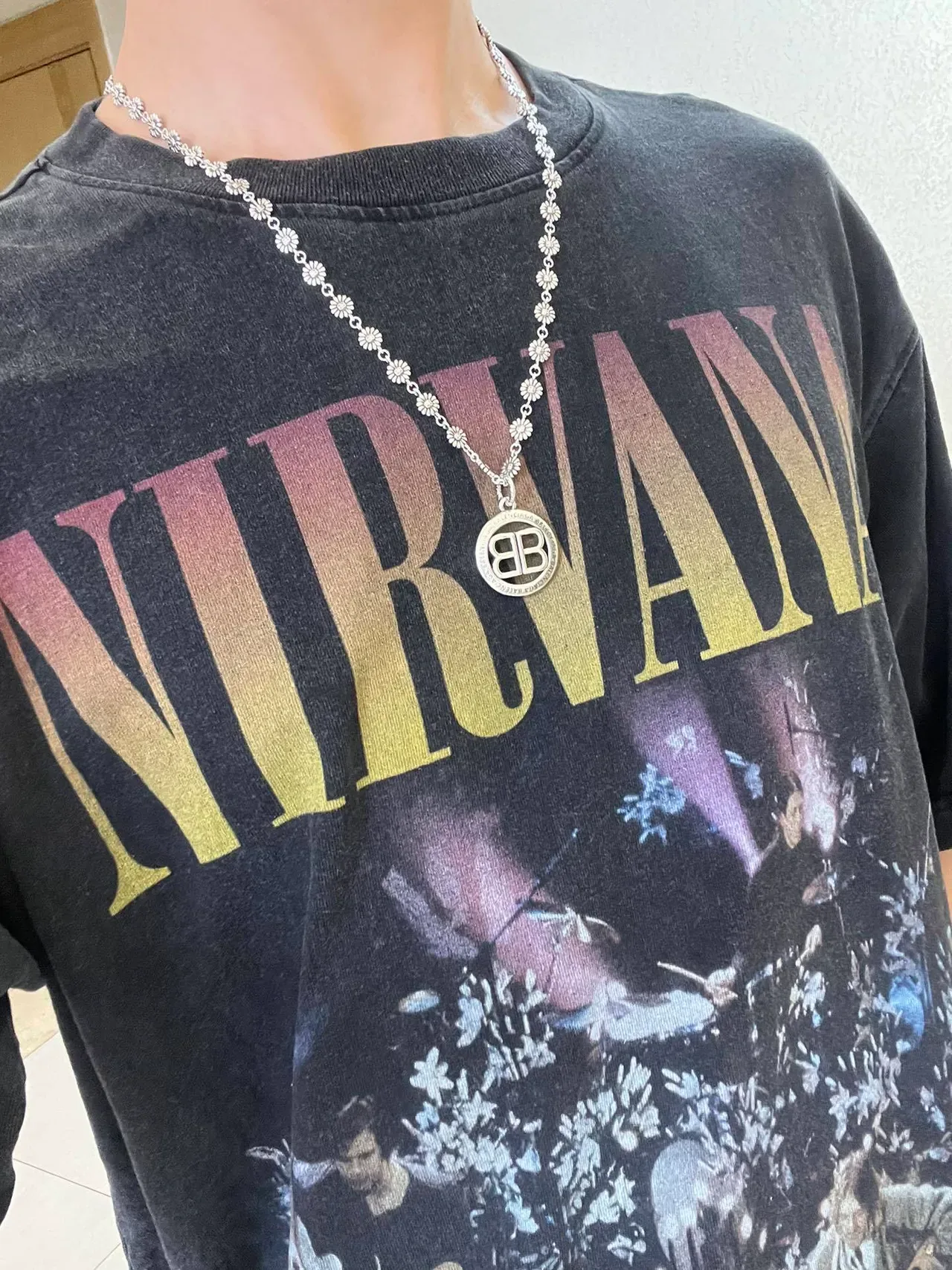 Balenciaga Argenté Chaîne à maillons floraux circulaires BB médaillon pendentif collier 2
