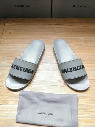Balenciaga Slide Gris Noir Courroie Unique Large Logotype Audacieux Pantoufles 2