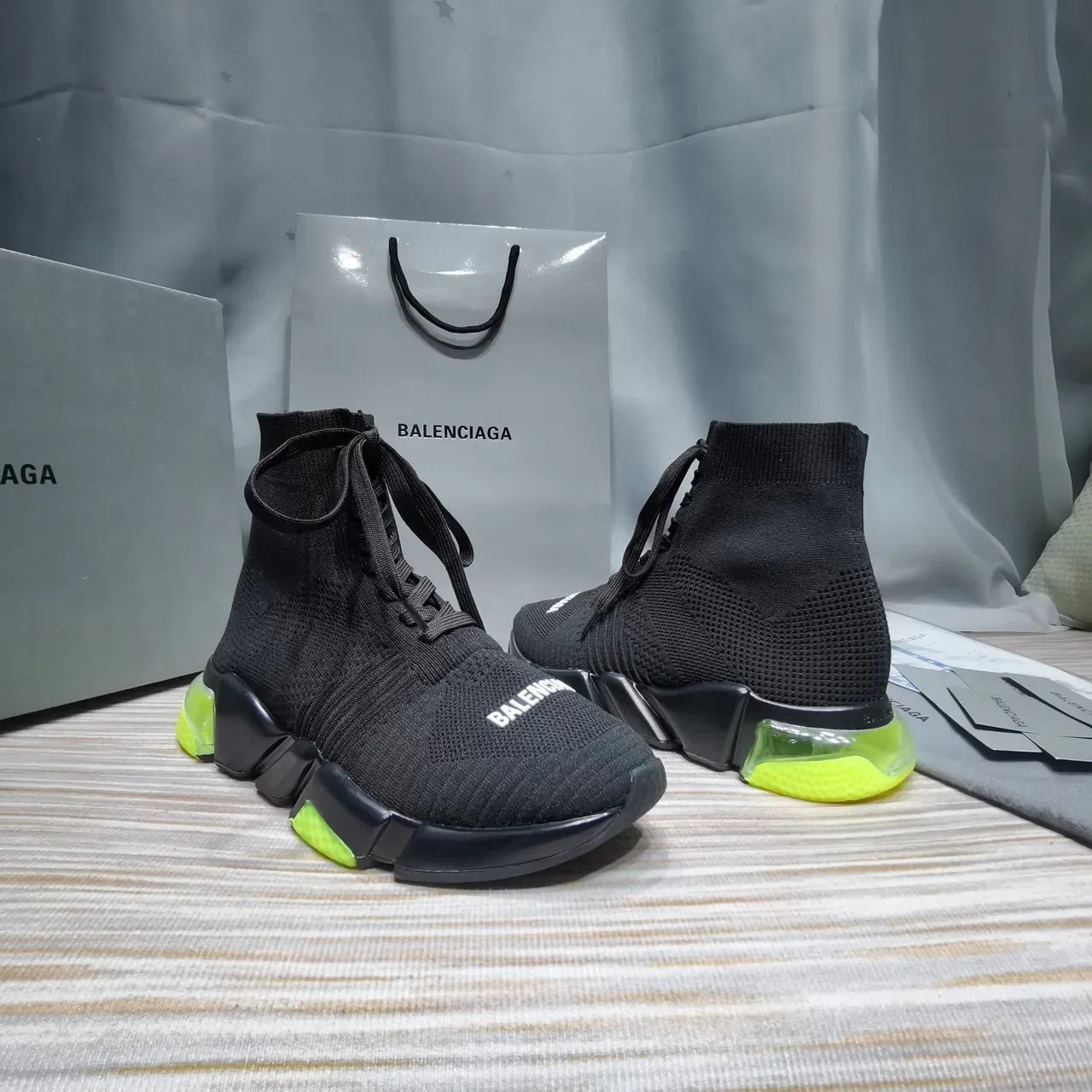 Balenciaga Speed Trainer Noir Jaune Maille Ajustement Chaussure Suela Sculptée Chunky Sneakers 7