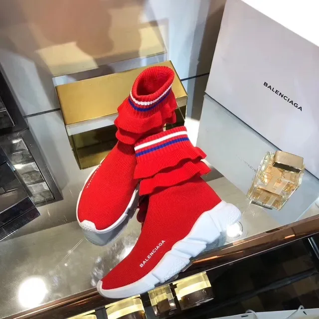 Balenciaga Speed Trainer Baskets Lifestyle en Maille Tricotée avec Volants Rouges 2