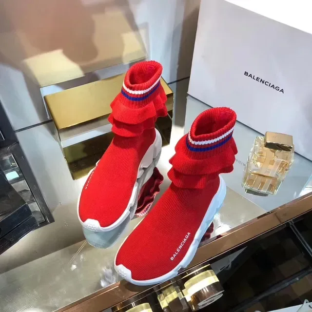 Balenciaga Speed Trainer Baskets Lifestyle en Maille Tricotée avec Volants Rouges 3
