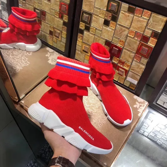 Balenciaga Speed Trainer Baskets Lifestyle en Maille Tricotée avec Volants Rouges 4