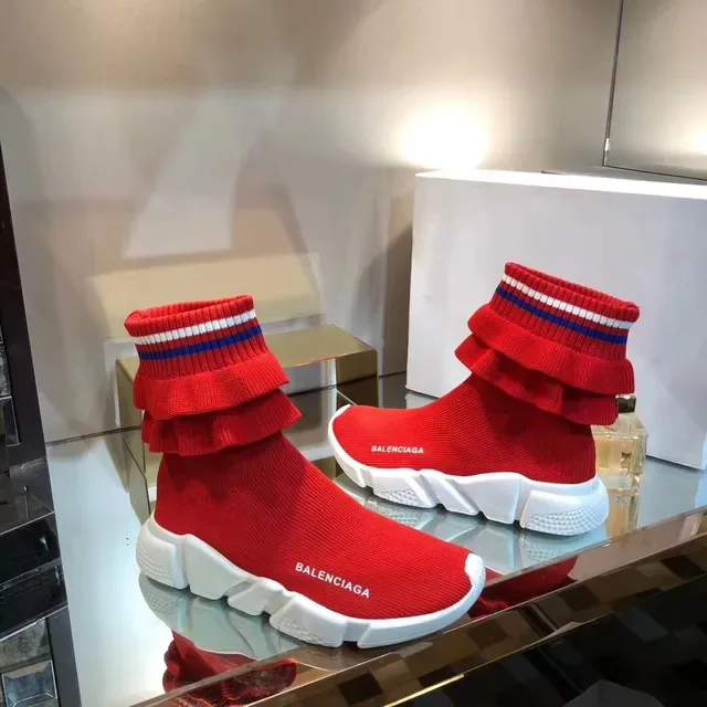 Balenciaga Speed Trainer Baskets Lifestyle en Maille Tricotée avec Volants Rouges 5