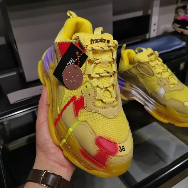 Balenciaga Triple S Amarelo Roxo Vermelho Salpicadura de tinta Tênis com sola grossa 3
