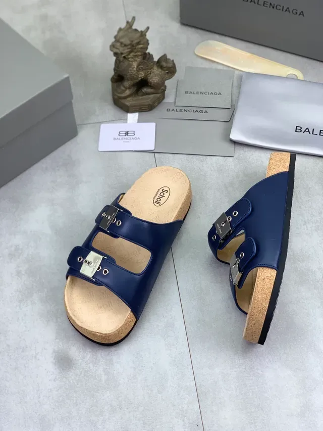 Balenciaga x Scholl Chaussons Bleu Marine à Double Bride Semelle en Liège 5