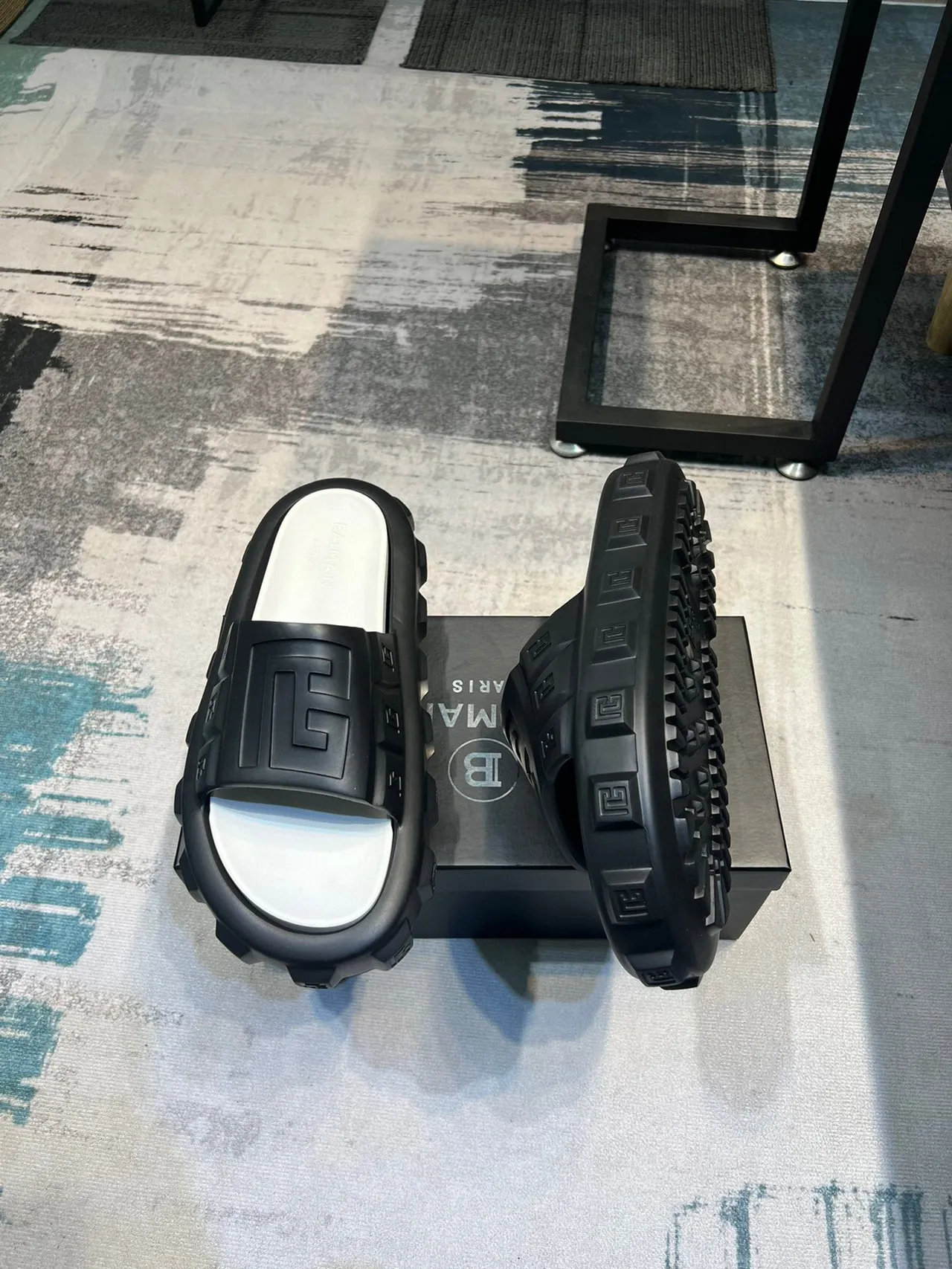 Balmain B-Bold Black and White Molded Logo Slippers 2