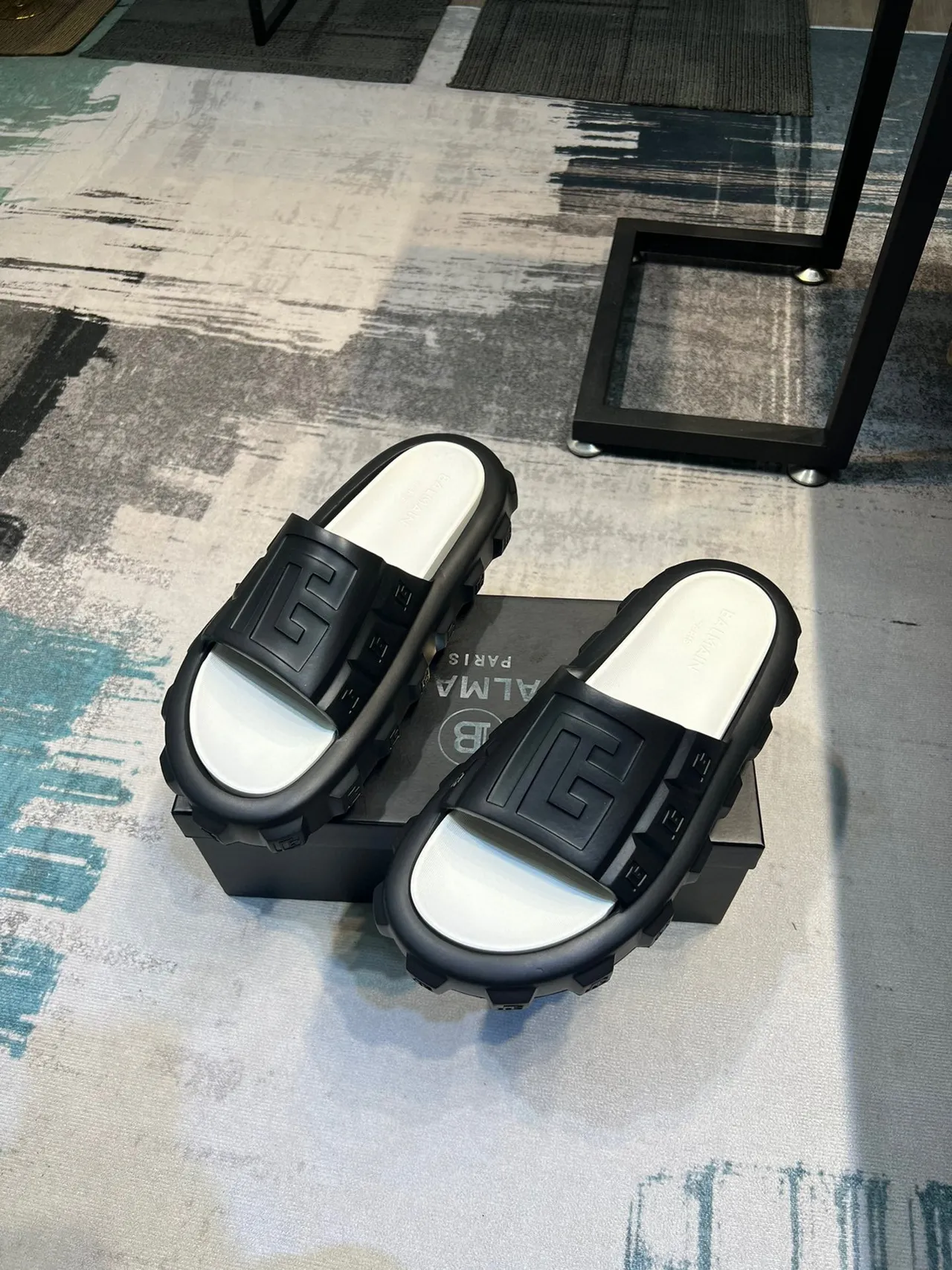 Balmain B-Bold Black and White Molded Logo Slippers 5