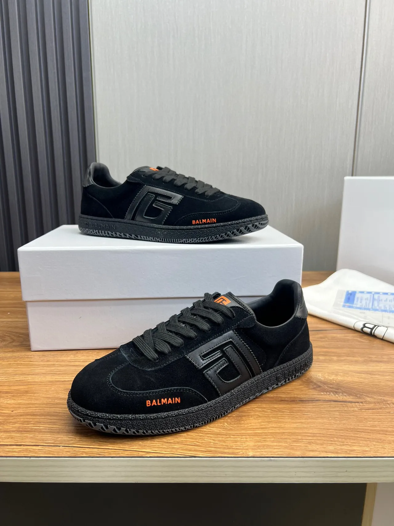 Balmain B-Court Black Suede Orange Logo Lifestyle Sneakers 4