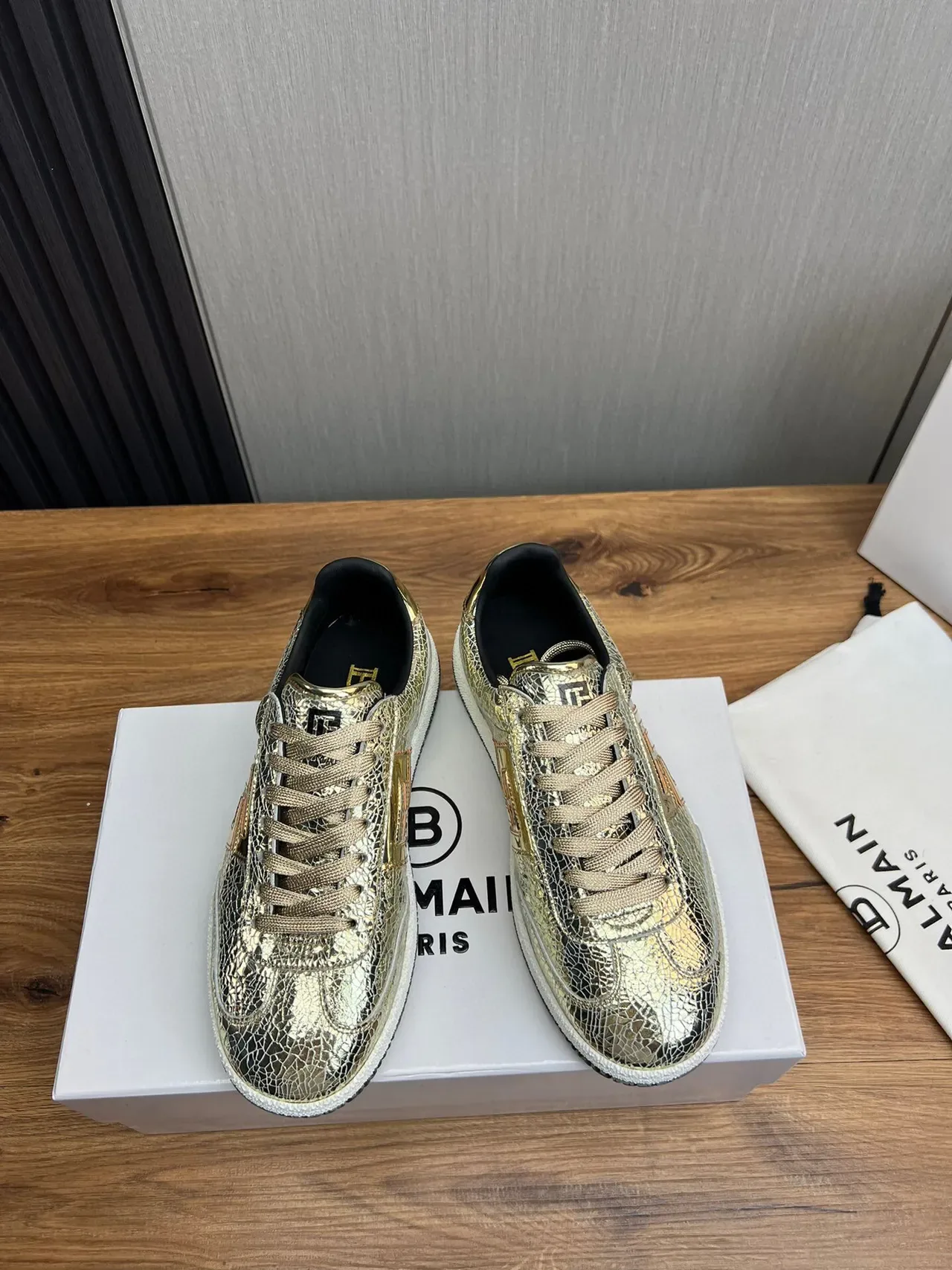 Balmain B-Court Metallic Cracked Leather Gold Black Lifestyle Sneakers 2