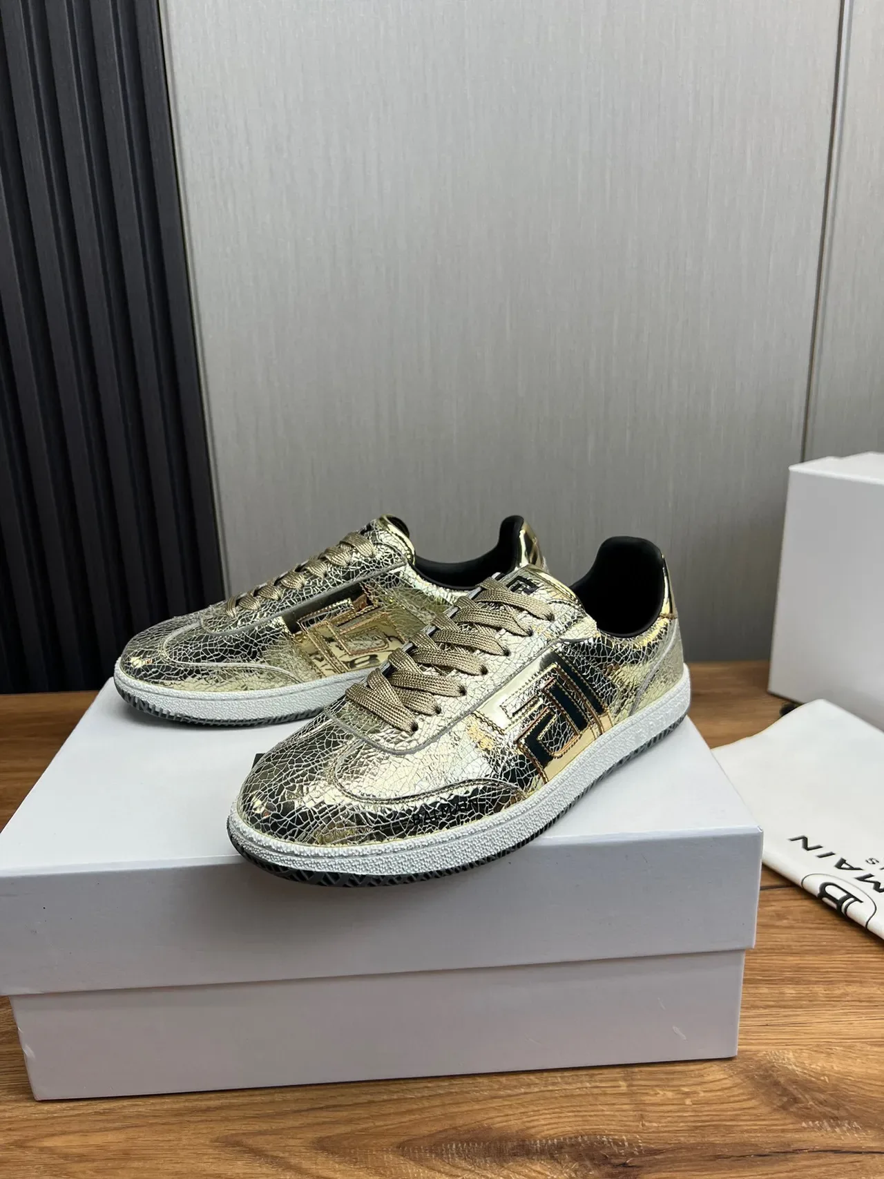 Balmain B-Court Metallic Cracked Leather Gold Black Lifestyle Sneakers 3