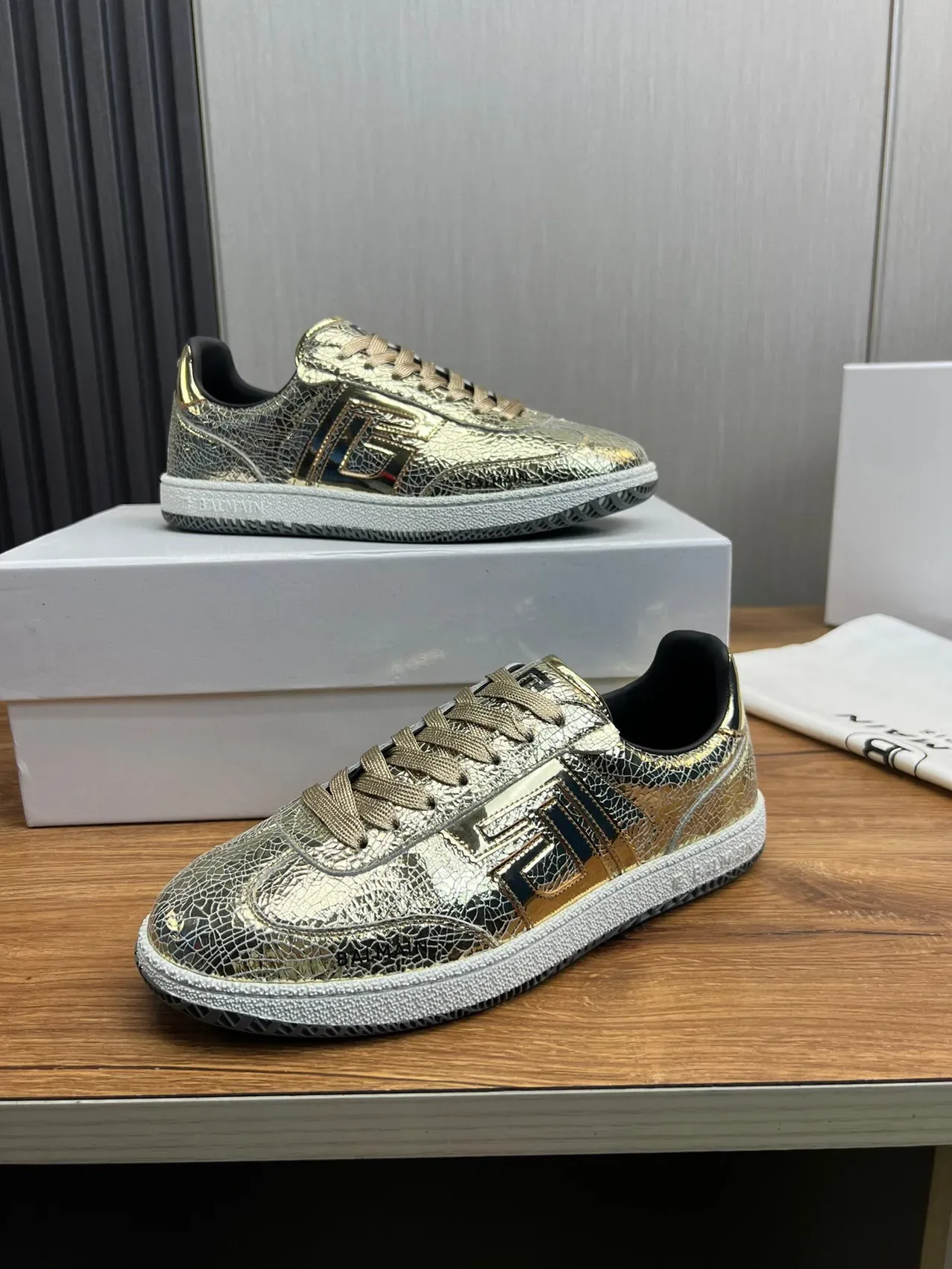 Balmain B-Court Metallic Cracked Leather Gold Black Lifestyle Sneakers 4