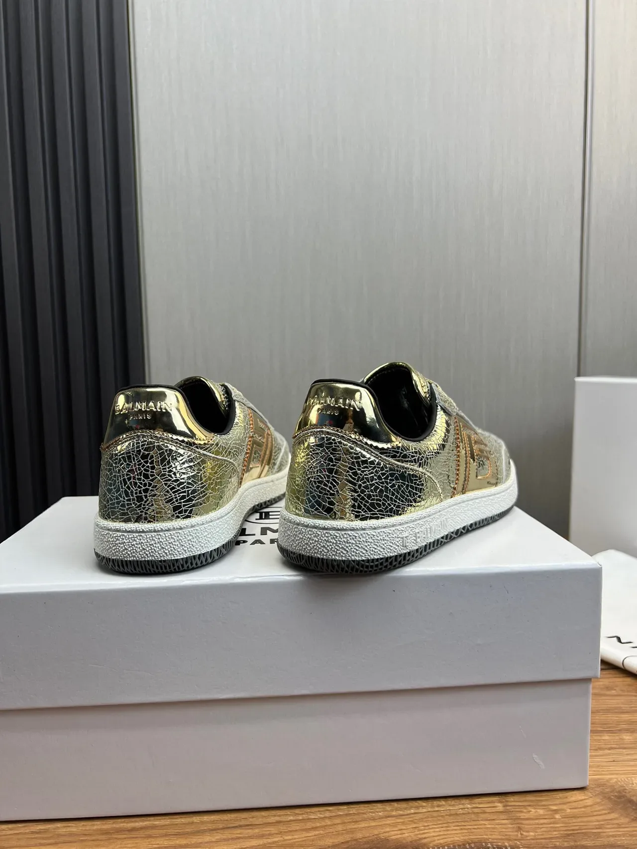 Balmain B-Court Metallic Cracked Leather Gold Black Lifestyle Sneakers 5