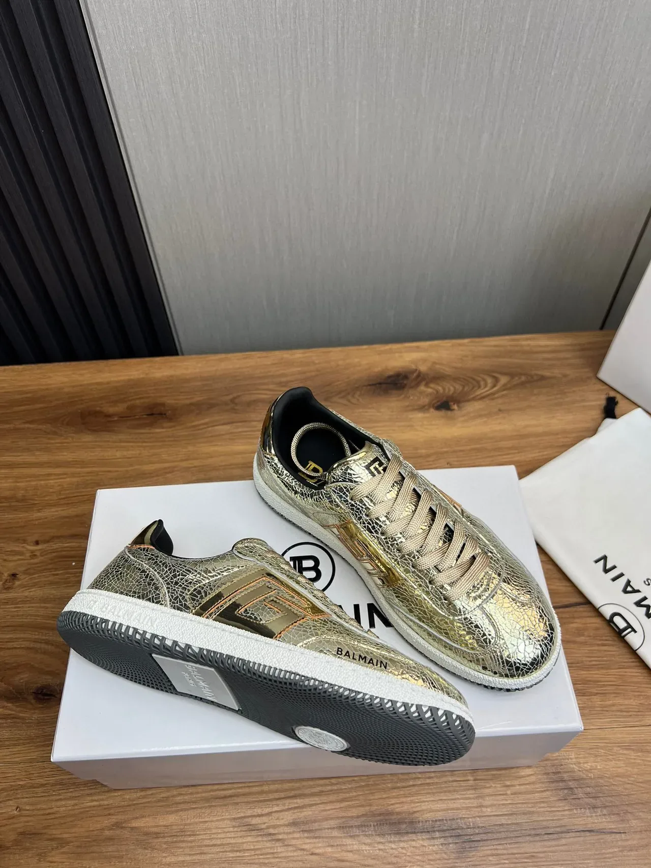 Balmain B-Court Metallic Cracked Leather Gold Black Lifestyle Sneakers 6