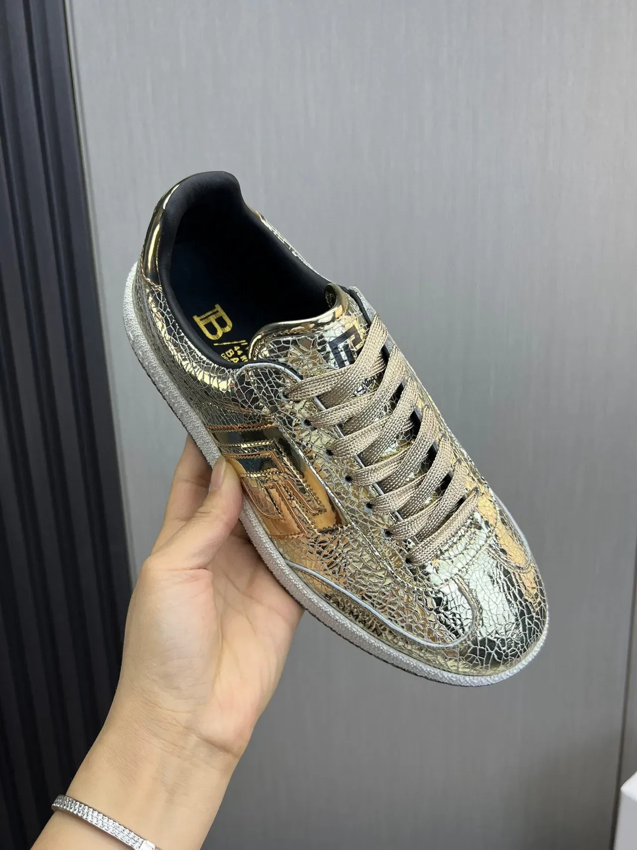 Balmain B-Court Metallic Cracked Leather Gold Black Lifestyle Sneakers 8