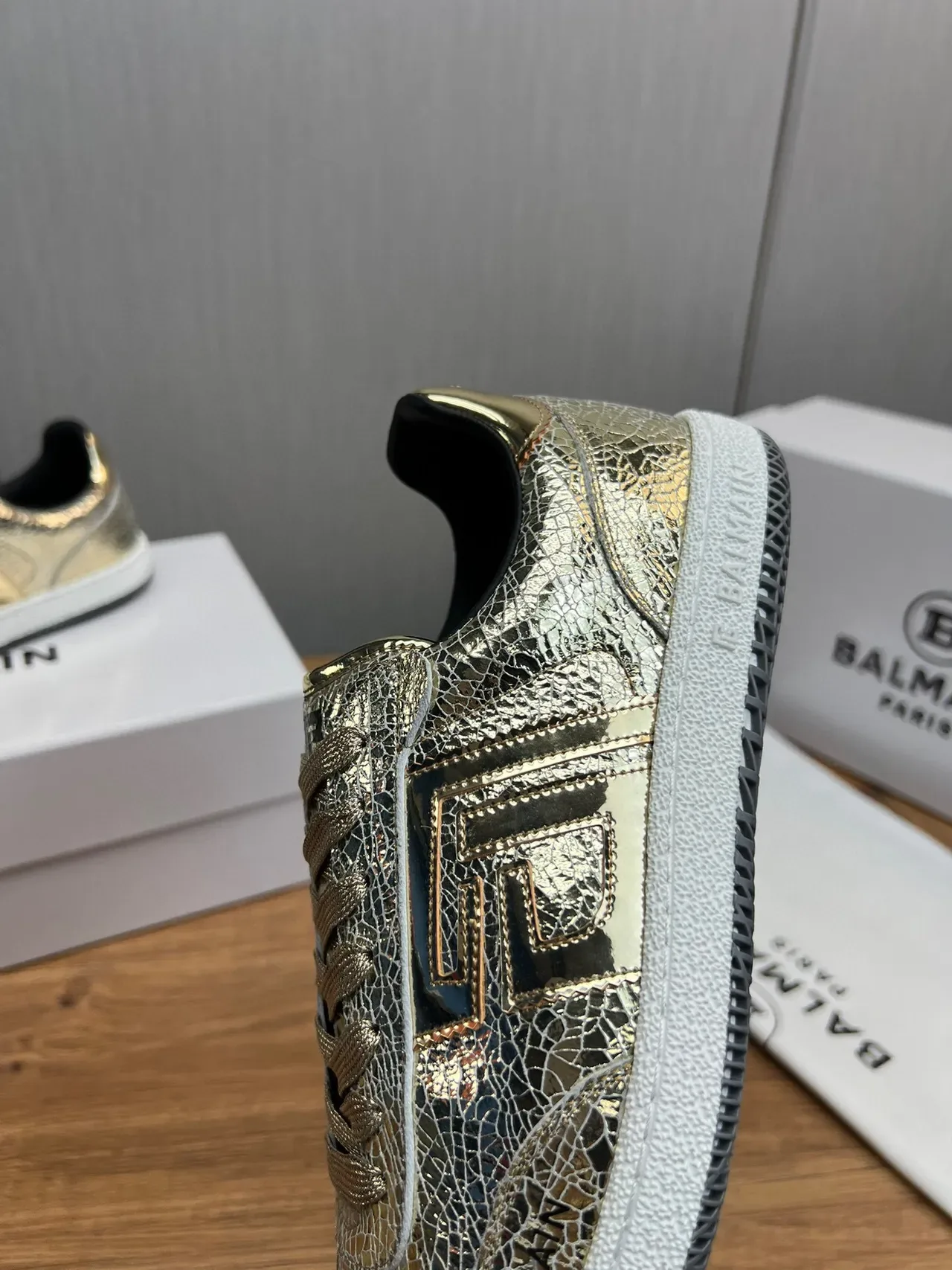 Balmain B-Court Metallic Cracked Leather Gold Black Lifestyle Sneakers 9