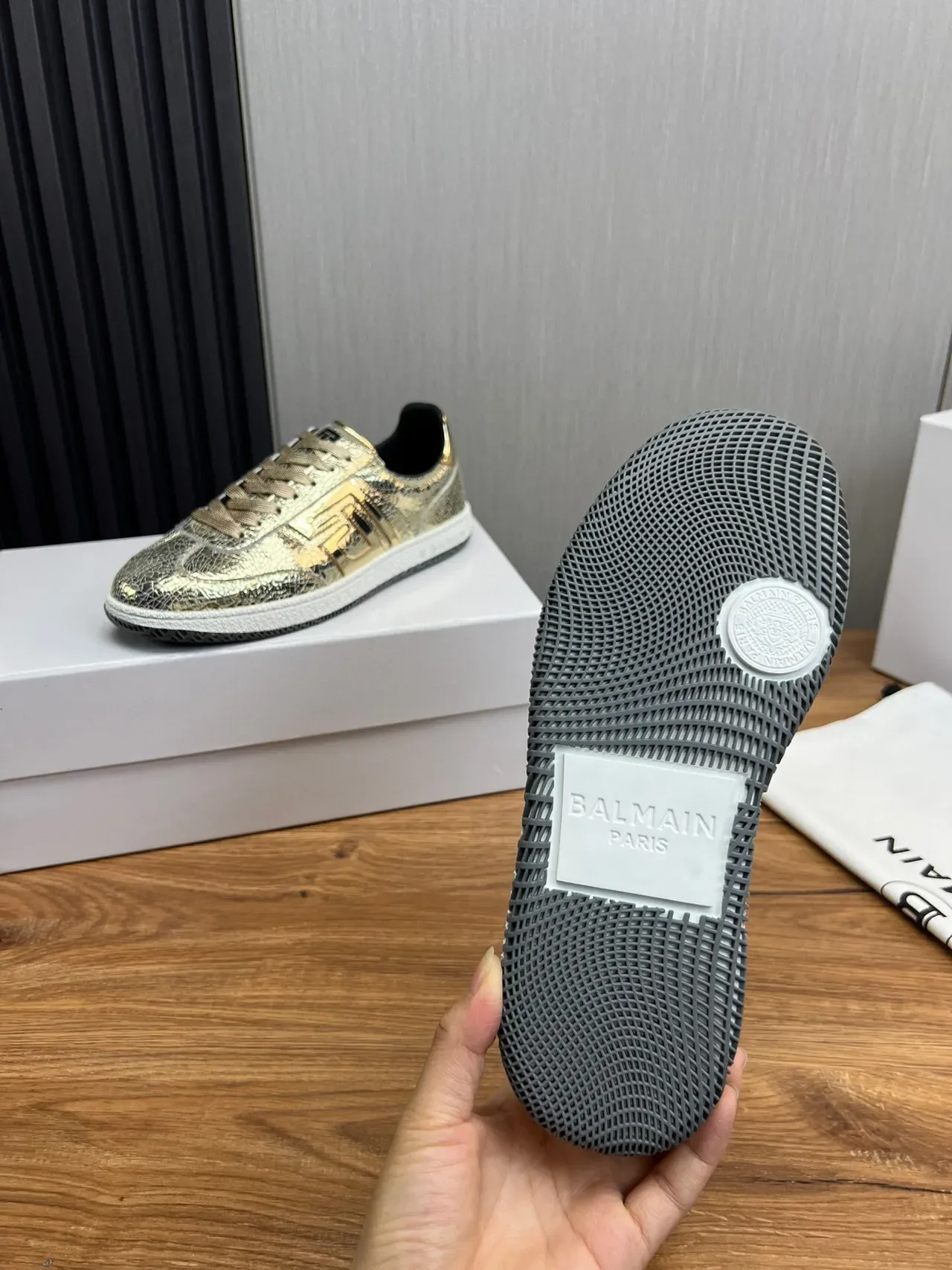 Balmain B-Court Metallic Cracked Leather Gold Black Lifestyle Sneakers 10