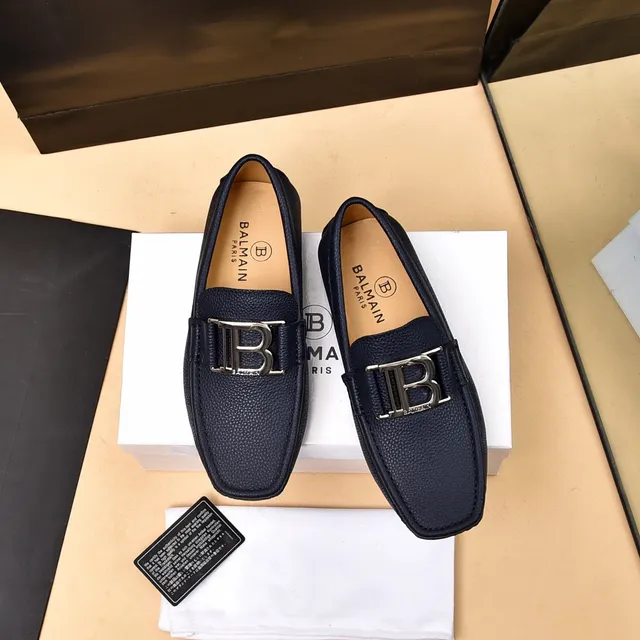 Balmain B-Court Navy Peppled Leather Loafers 6