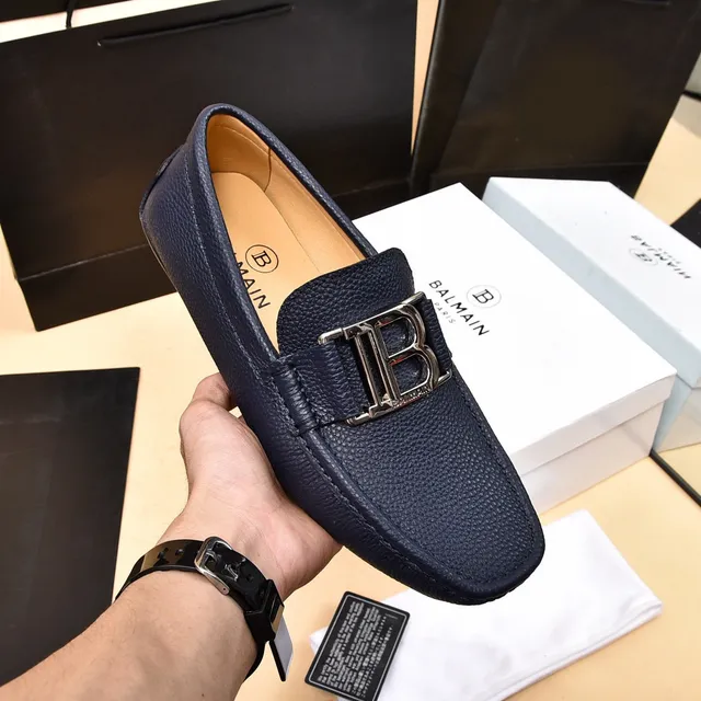 Balmain B-Court Navy Peppled Leather Loafers 7