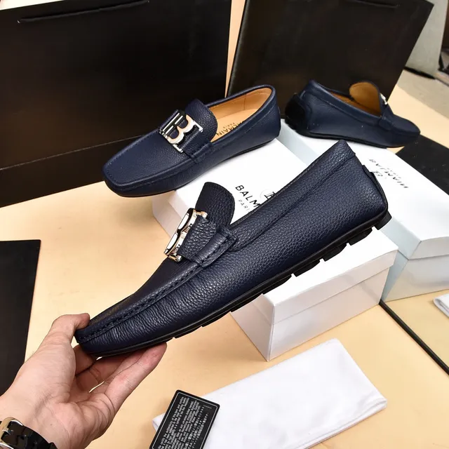 Balmain B-Court Navy Peppled Leather Loafers 8