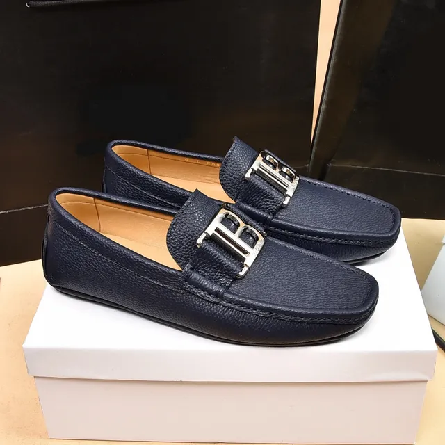 Balmain B-Court Navy Peppled Leather Loafers 9