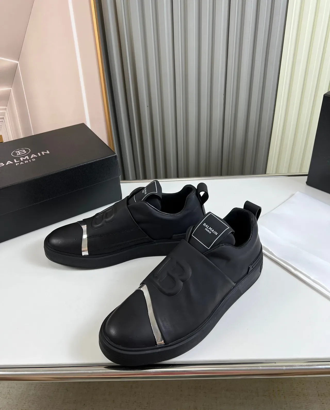 Balmain Black Silver Slip-On Leather Upper Lifestyle Sneakers 2
