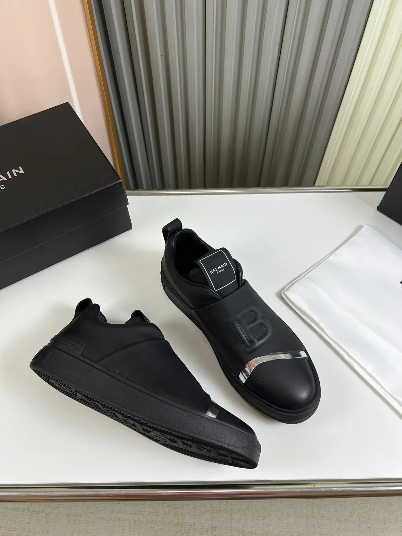 Balmain Black Silver Slip-On Leather Upper Lifestyle Sneakers 7