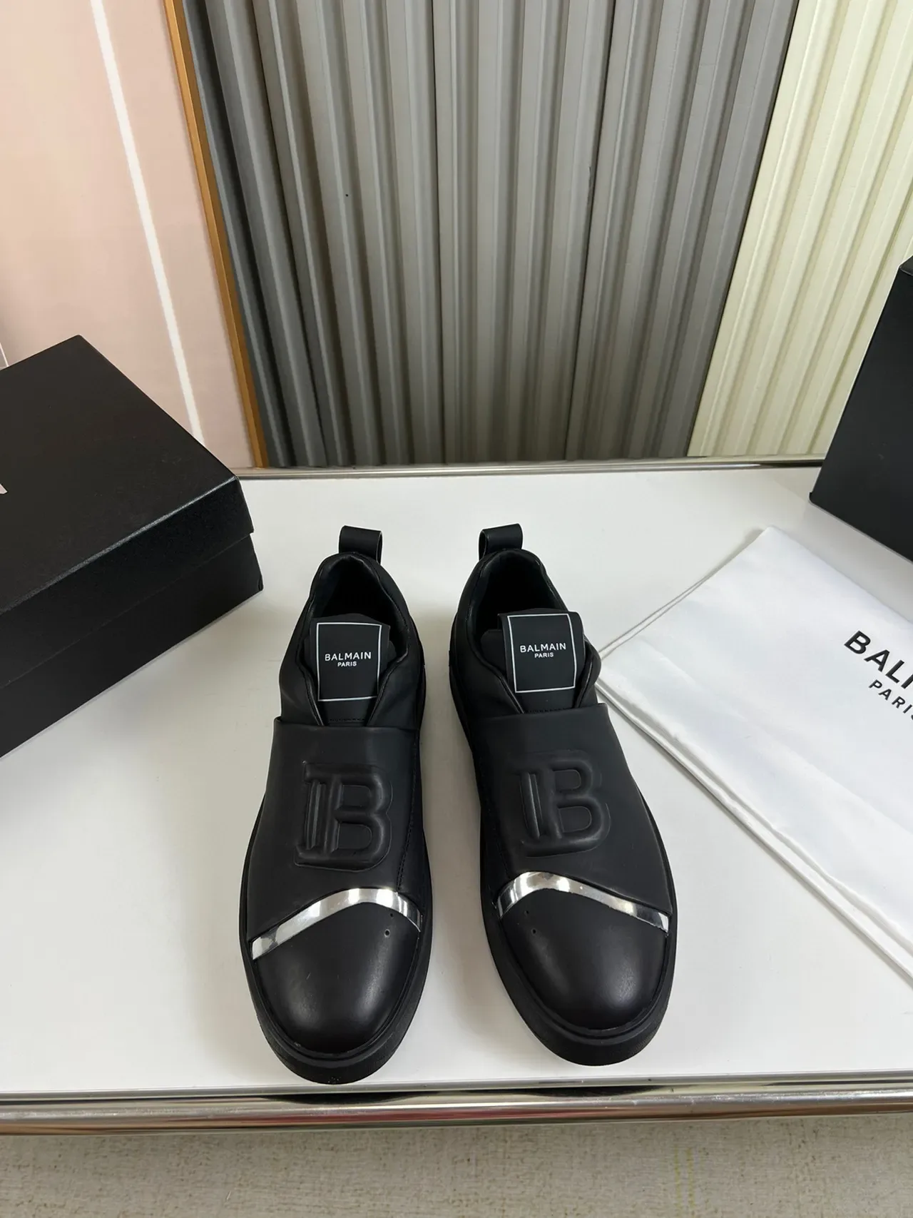 Balmain Black Silver Slip-On Leather Upper Lifestyle Sneakers 8